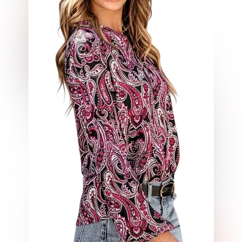 Liz Claiborne Career XXL Paisley Blouse Burgundy Black Tie Neck